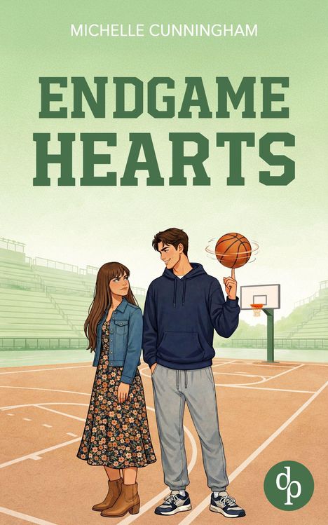 Text: "Michelle Cunningham", "Endgame Hearts". Eine Illustration mit einem Mädchen und einem Jungen auf einem Basketballplatz.