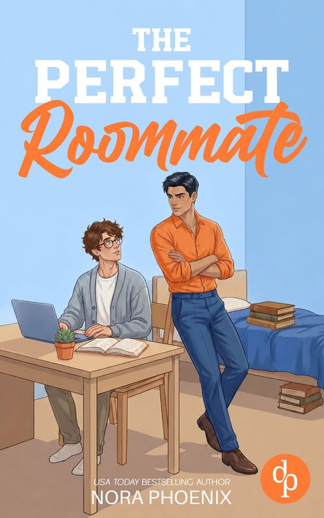 Der Text oben lautet „The Perfect Roommate“ in großen Buchstaben. Zwei Personen, eine am Tisch mit Laptop, eine daneben stehend.