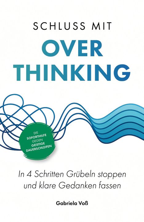 "Schluss mit Overthinking" und "In 4 Schritten Grübeln stoppen" stehen im Mittelpunkt. Blaue Linien sind dekorativ.