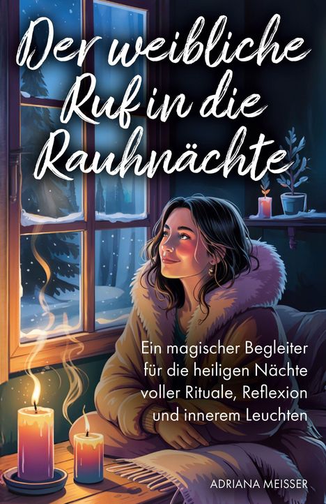 "Der weibliche Ruf in die Rauhnächte" beschreibt ein gemütliches Zimmer mit Frau, Kerzen und schneebedecktem Fenster.
