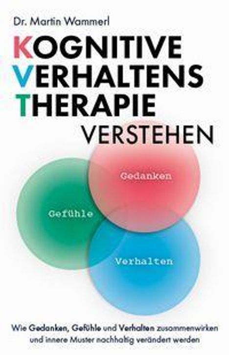 "Kognitive Verhaltenstherapie Verstehen". Drei bunte überlappende Kreise: Gedanken (rot), Gefühle (grün), Verhalten (blau).