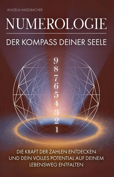 NUMEROLOGIE: DER KOMPASS DEINER SEELE. Zahlen 9 bis 1 vertikal. Illustration einer leuchtenden Sphäre mit geometrischem Muster.