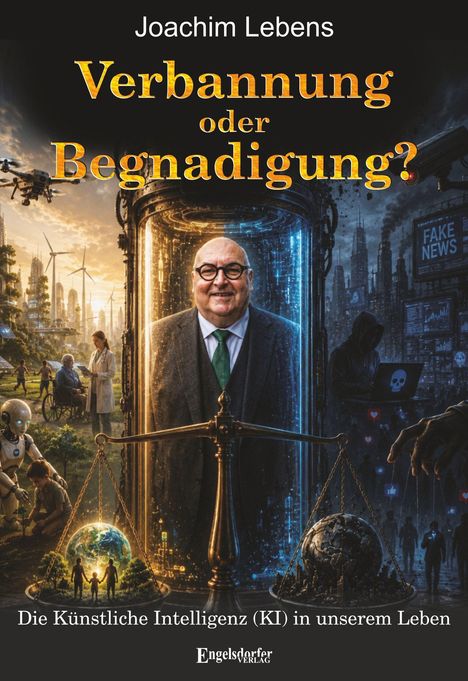 Titel: Verbannung oder Begnadigung? Thema: Künstliche Intelligenz. Zwei Welten: Technologie mit Harmonieszene links, dystopisch rechts.