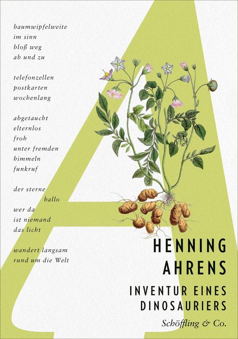 Texte: Henning Ahrens, Inventur eines Dinosauriers. Illustration: Pflanzen auf grünem "A", Wurzeln und Blüten.