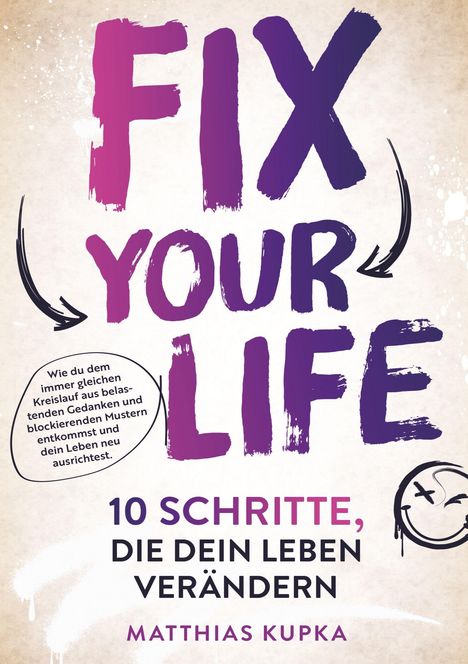 Buchtitel: "FIX YOUR LIFE". Untertitel: "10 Schritte, die dein Leben verändern". Autor: Matthias Kupka. Hintergrund: Farbverlauf.