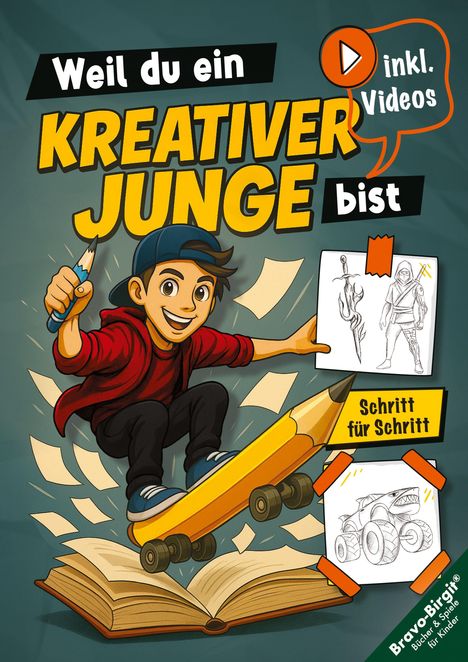 "Weil du ein kreativer Junge bist", "inkl. Videos", "Schritt für Schritt". Junge mit Basecap auf einem Stift-Skateboard.