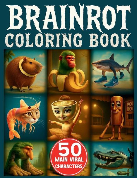 Text: "BRAINROT COLORING BOOK" und "50 MAIN VIRAL CHARACTERS". Quadrate zeigen kuriose, bunte Figuren.