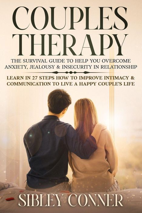 Text: "Couples Therapy" – Ratgeber zur Überwindung von Beziehungsängsten. Zwei Personen, die zusammen sitzen.