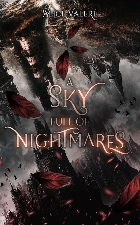 Titel: "A SKY FULL OF NIGHTMARES". Ein düsteres, fantastisches Landschaftsgemälde mit fliegenden roten Blättern.