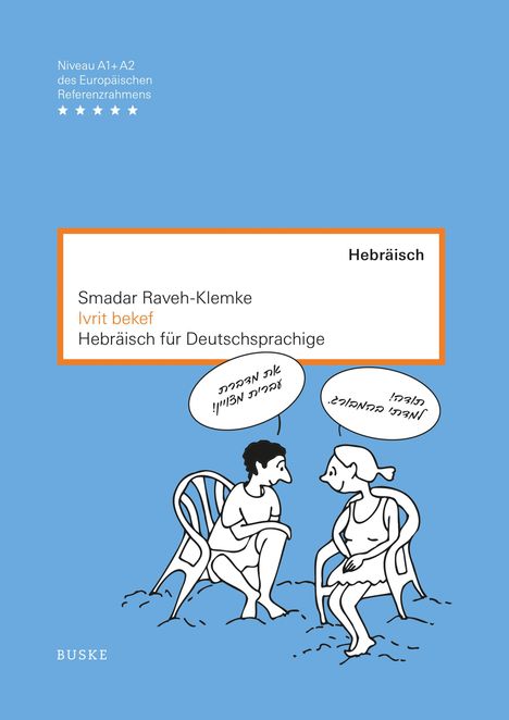 Ein Buchcover in hellblau mit orange-weißer Box. Zwei Menschen in schwarz-weißer Zeichnung unterhalten sich.