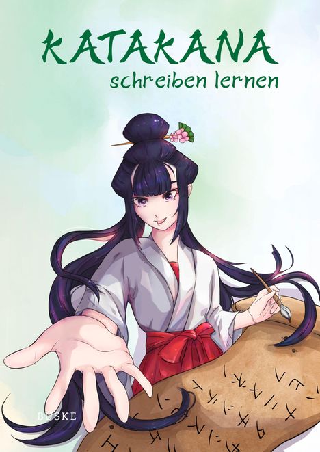 Text: "KATAKANA schreiben lernen". Eine Person im Animestil schreibt Katakana-Zeichen auf eine Schriftrolle.