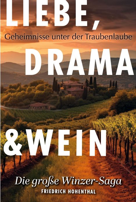 "LIEBE, DRAMA & WEIN. Geheimnisse unter der Traubenlaube. Die große Winzer-Saga. Friedrich Hohenthal." Weinberge bei Sonnenuntergang.