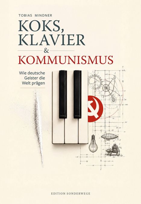 „Koks, Klavier & Kommunismus“ von Tobias Mindner; Skizzen, Klaviertasten und rotes Kommunismus-Symbol.
