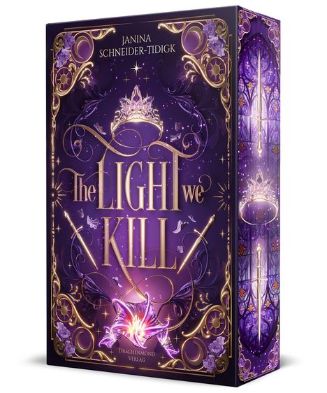 "The Light We Kill", Janina Schneider-Tidigk. Goldene Verzierungen, lila Blume und Leuchten, Drachenmond Verlag.