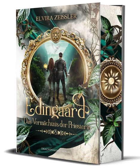 Buchcover von "Edingaard: Das Vermächtnis der Priesterin". Zwei Personen stehen vor einer mystischen Landschaft in einem verzierten Rahmen.