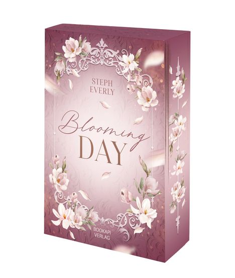 "Steph Everly", "Blooming Day", "BOOKAPI VERLAG". Florales Design in Rosa, verziert mit Blüten und Ornamenten.