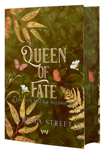 "Queen of Fate", "Fae von Wald & Wildnis III", "Krita Street". Grünes Design mit Blättern und Schmetterlingen.