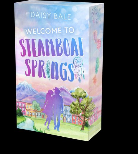 "DAISY BALE. WELCOME TO STEAMBOAT SPRINGS." Bunte Buchillustration mit Bergen, Fluss und einem Paar im Vordergrund.