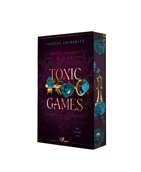 Buchtitel "Toxic Games" von Theresa Solderits. Goldschlüssel mit blauen Blumen auf dunkelviolettem Hintergrund.