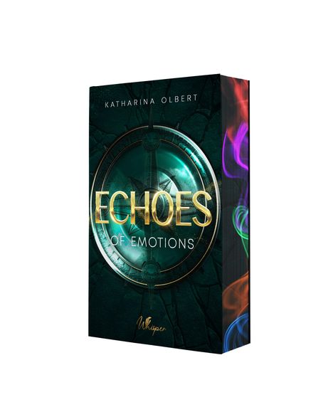 Text: "KATHARINA OLBERT", "ECHOES OF EMOTIONS", "Whisper". Ein Buch mit einem runden, leuchtenden, türkisfarbenen Muster.