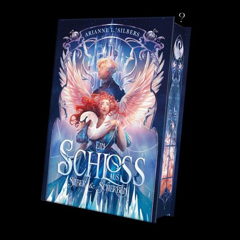 Ein Buchcover mit dem Titel "Ein Schloss aus Silber & Scherben". Eine Frau mit roten Locken hält einen Schwan.