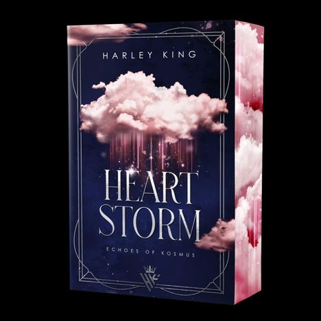 Text: "HARLEY KING, HEART STORM, ECHOES OF KOSMUS." Illustration eines pinken Wolkensturms auf dunkelblauem Hintergrund.