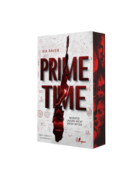 Roter Text „PRIME TIME“ auf grauem Hintergrund, darunter „Monster lauern nicht unter Betten“, rote Silhouetten.