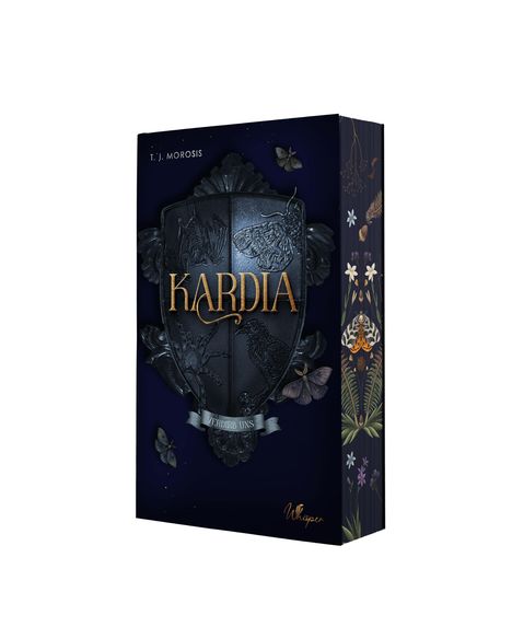 Buchcover "Kardia" von T.J. Morosis. Dunkles Wappen mit goldener Schrift auf schwarzem Hintergrund. Verziert mit Schmetterlingen.