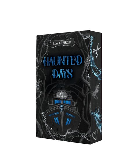 "Haunted Days" von Lea Kreuzer steht in blauen Buchstaben. Ein mysteriöses Schiff mit Totenkopf, umgeben von Zweigen und Mustern.