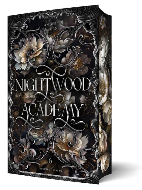 "Nightwood Academy", "Amber Auburn", "Rosenrot Verlag", "6". Florales, dekoratives Design mit reichen Verzierungen.