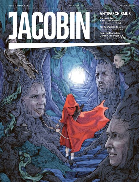 JACOBIN, Antifaschismus, Dietmar Dath & Maria Wiesner, Joshua Citarella, Eva von Redecker. Illustration: Person im roten Mantel im Wald.