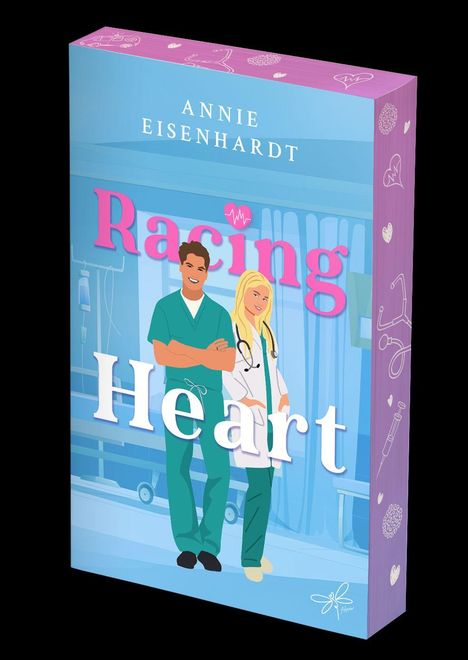 „Annie Eisenhardt, Racing Heart“. Illustration eines lächelnden Arztpaares in OP-Kleidung vor Krankenhauskulisse.