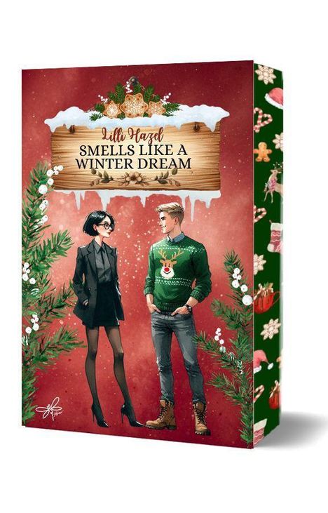 "Lilli Hazel SMELLS LIKE A WINTER DREAM" steht auf einem Holzschild. Illustration: Frau in Schwarz, Mann im Rentierpulli.