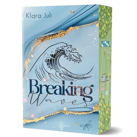 Klara Juli, Breaking Waves. Abstrakte Welle mit goldenen Akzenten auf blauem Hintergrund, dekorativ gestaltet.