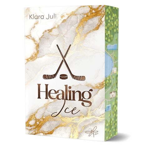 "Healing Ice" und "Klara Juli" auf marmoriertem Hintergrund, gekreuzte Hockeyschläger mit Puck, Seitenrand grün mit Landschaft.