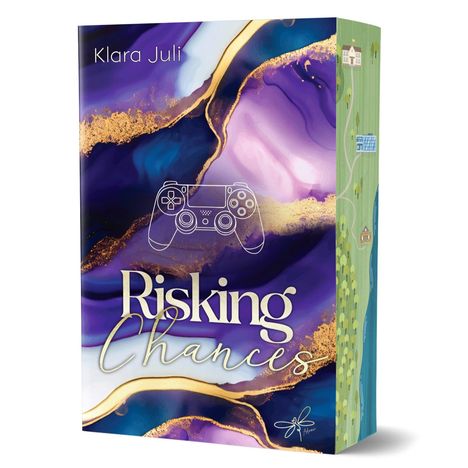 Klara Juli, Risking Chances. Illustration mit violetten, blauen und goldenen Farbtönen und einem Game Controller.