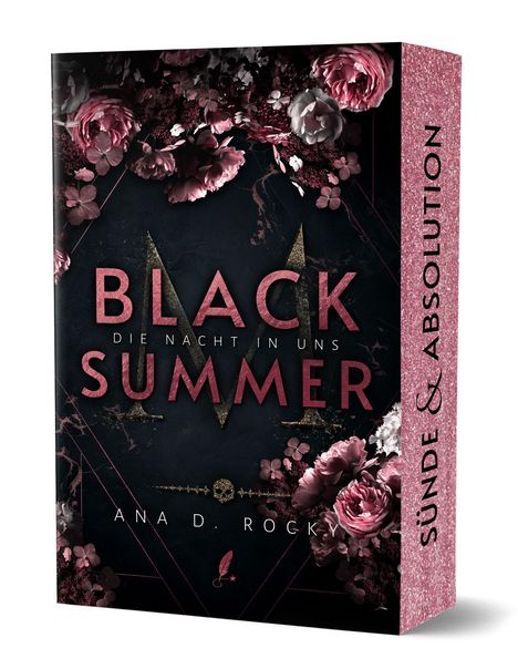 "Black Summer: Die Nacht in uns" von Ana D. Rocky. Pinke Blumen auf dunklem Hintergrund, seitlich "Sünde & Absolution".