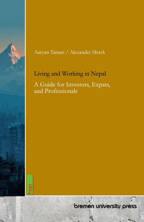 Titel: "Living and Working in Nepal". Autoren: Aaryan Taman, Alexander Merck. Links: Berg und Stadt-Silhouette.