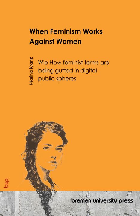 "When Feminism Works Against Women" und "Marina Kranz" über einer gezeichneten Frau auf orangefarbenem Hintergrund.