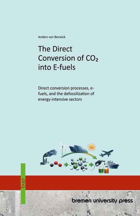Titel: "The Direct Conversion of CO₂ into E-fuels". Unten eine Illustration von Energiequellen und Transportmitteln.