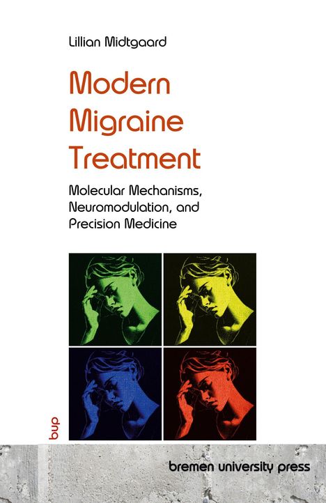 Text: Lillian Midtgaard. Modern Migraine Treatment. Molecular Mechanisms, Neuromodulation, and Precision Medicine.  
Illustration: Vier farbige Bilder eines nachdenklichen Gesichts.