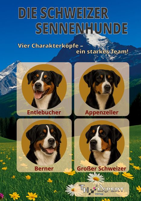 „Die Schweizer Sennenhunde: Vier Charakterköpfe – ein starkes Team!“ Vier Hunde: Entlebucher, Appenzeller, Berner, Großer Schweizer.
