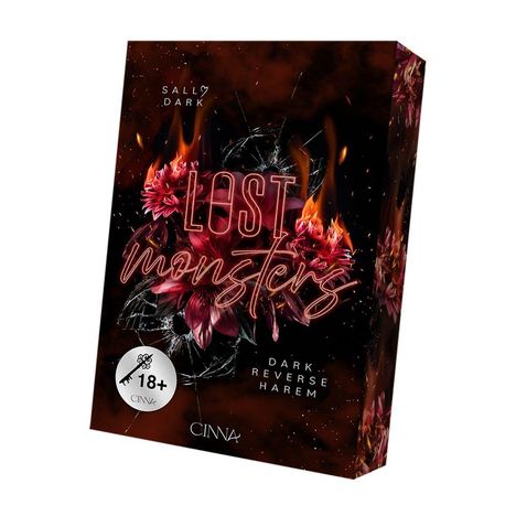 "Lost Monsters" und "Dark Reverse Harem" in leuchtendem Stil. Flammen und Blumenmotiven auf dunklem Hintergrund. 18+ Hinweis.