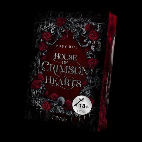 Text: "Ruby Roe. House of Crimson Hearts. 18+ Cinna." 

Ein Buchcover mit schwarzen Verzierungen und roten Rosen.