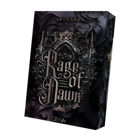 Text: "VALESKA NIGHT", "Rage of Dawn", "CINNA". Dunkel gestaltetes Buchcover mit gotischen Verzierungen und Schlossmotiv.