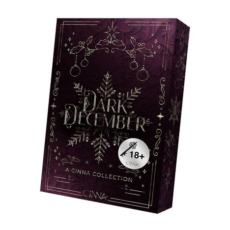 Text: "Dark December", "18+", "A Cinna Collection", "CINNA". Schwarze Schachtel, verziert mit goldenen floralen Mustern.