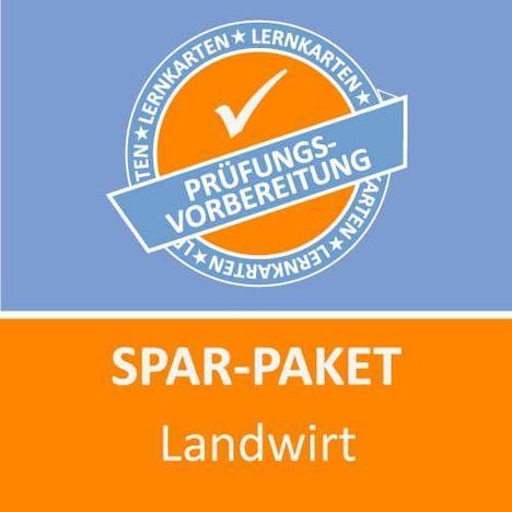 „Prüfungsvorbereitung“ steht auf einem blauen Band in einem orangen Kreis mit „Lernkarten“. Darunter „Spar-Paket Landwirt“.