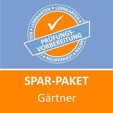 „SPAR-PAKET Gärtner“ steht in einem orangefarbenen Feld. Darüber ein blaues Siegel mit „PRÜFUNGS-VORBEREITUNG“.