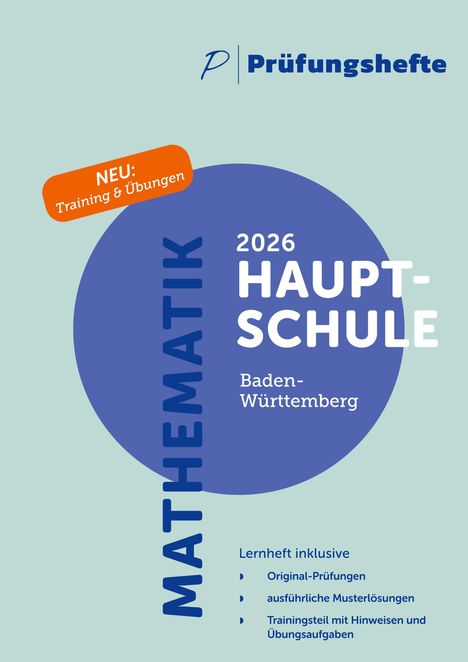 „Prüfungshefte,“ „MATHEMATIK 2026 HAUPTSCHULE Baden-Württemberg,“ „NEU: Training & Übungen.“ Blaues Design mit orangenem Hinweis.