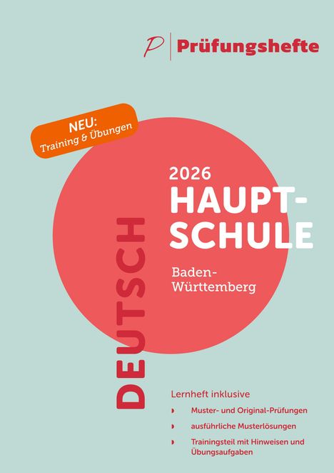 „Prüfungshefte: 2026 Hauptschule Baden-Württemberg. Deutsch. Neu: Training & Übungen.“ Illustration mit rotem Kreis.